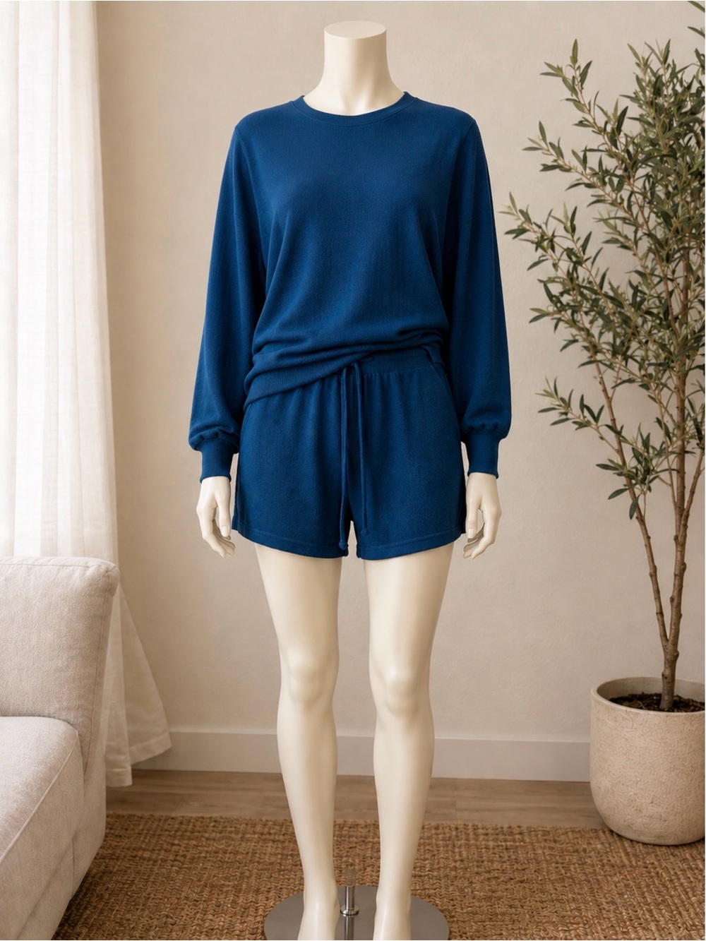 Blue Cozy Knit Lounge Set - Long Sleeve Top & Shorts